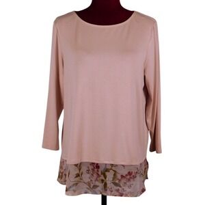 Vince Camuto Pink Tunic Long Sleeve Blouse Asymmetric Sheer Floral Hem sz L C139